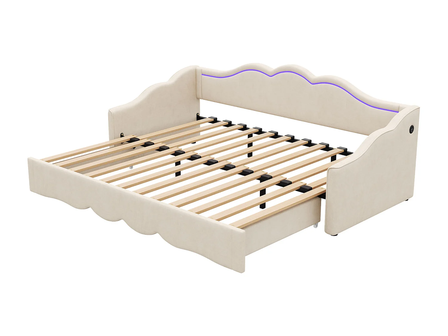 Lit banquette 90 x 200 cm convertible 180 x 200 cm avec LED et port USB, velours beige