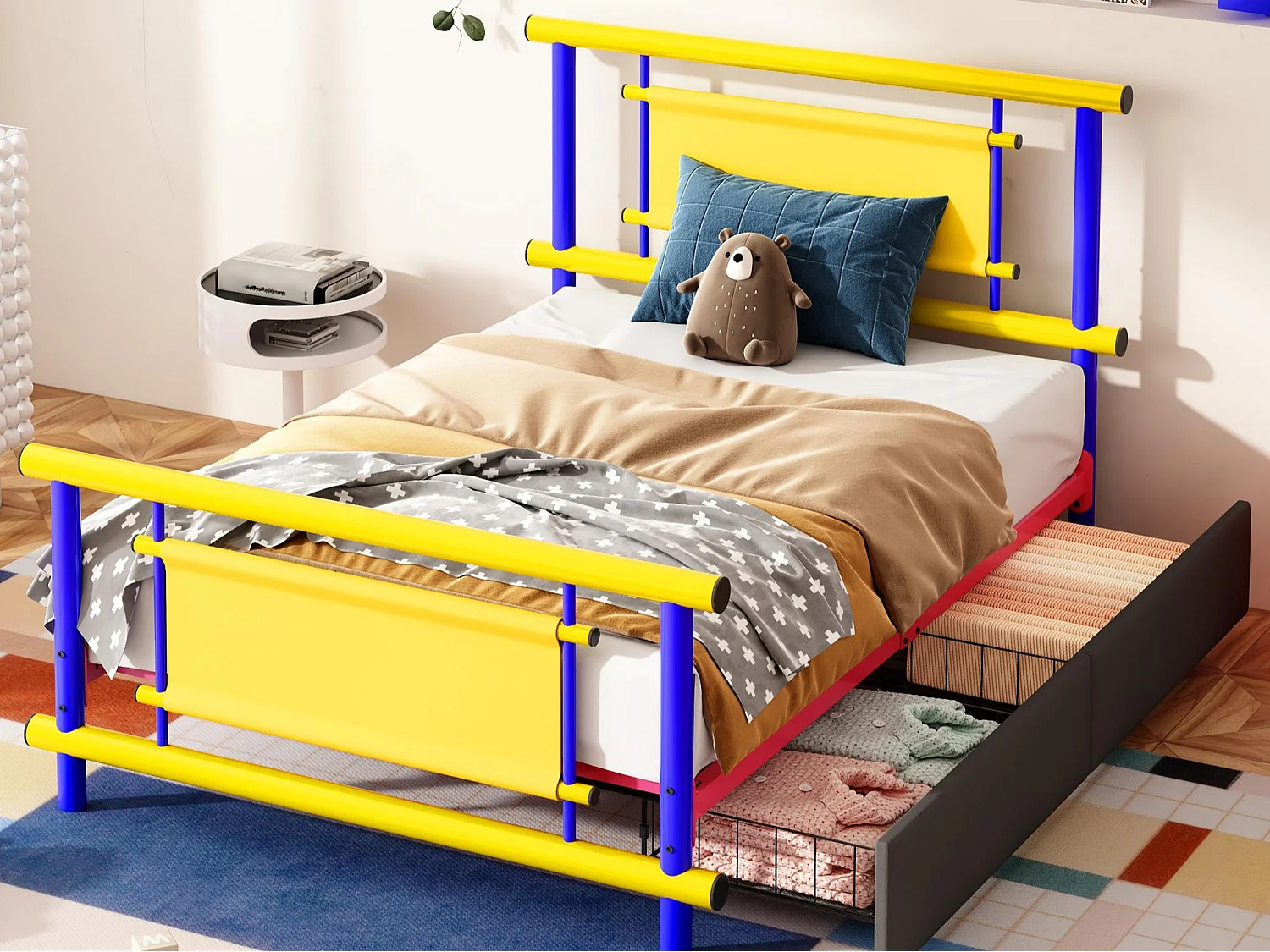 Kinderbett aus Metall 90x200 - mit 2 Schubladen - blau + gelb (Matratze nicht enthalten)