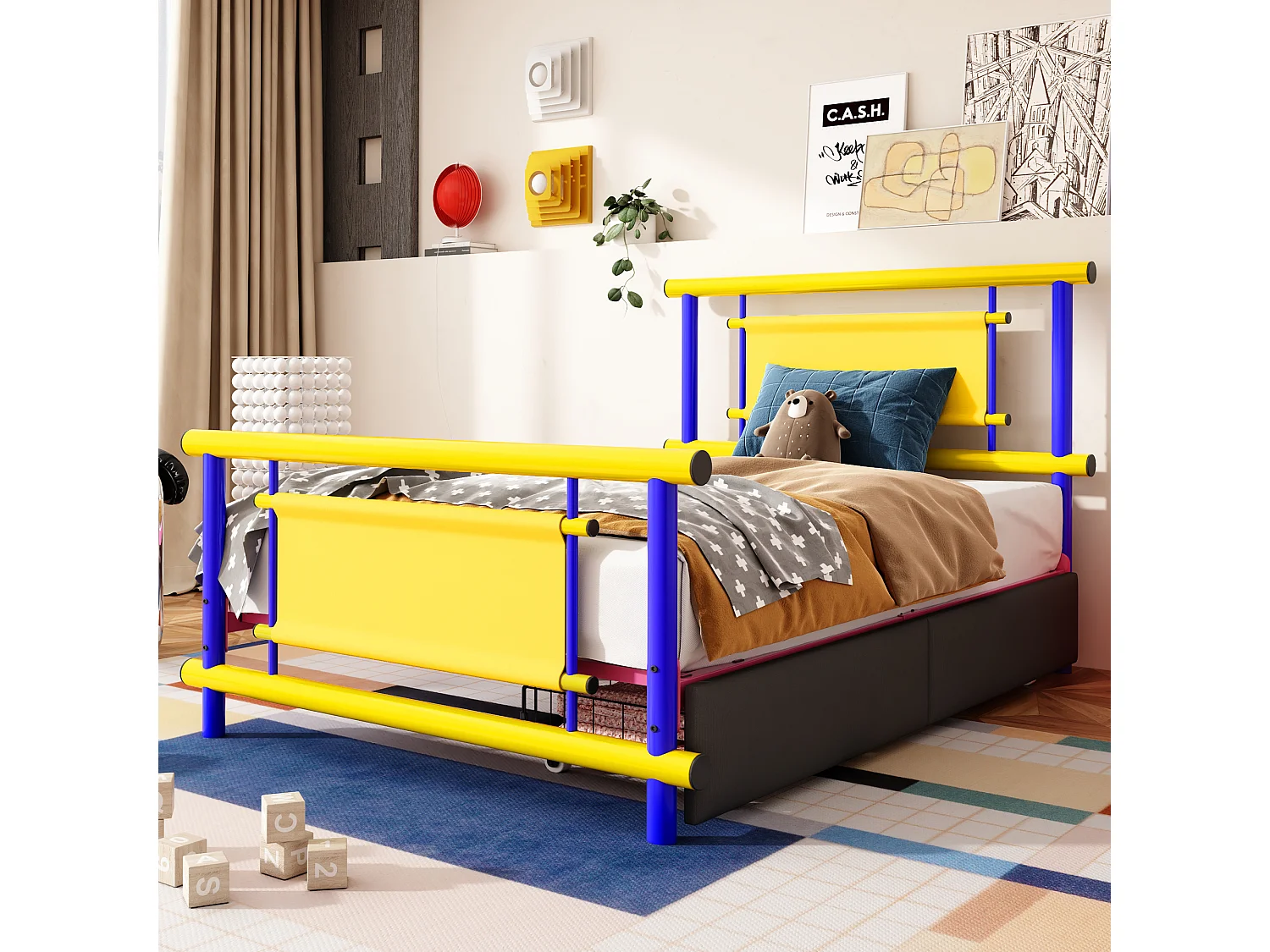 Kinderbett aus Metall 90x200 - mit 2 Schubladen - blau + gelb (Matratze nicht enthalten)