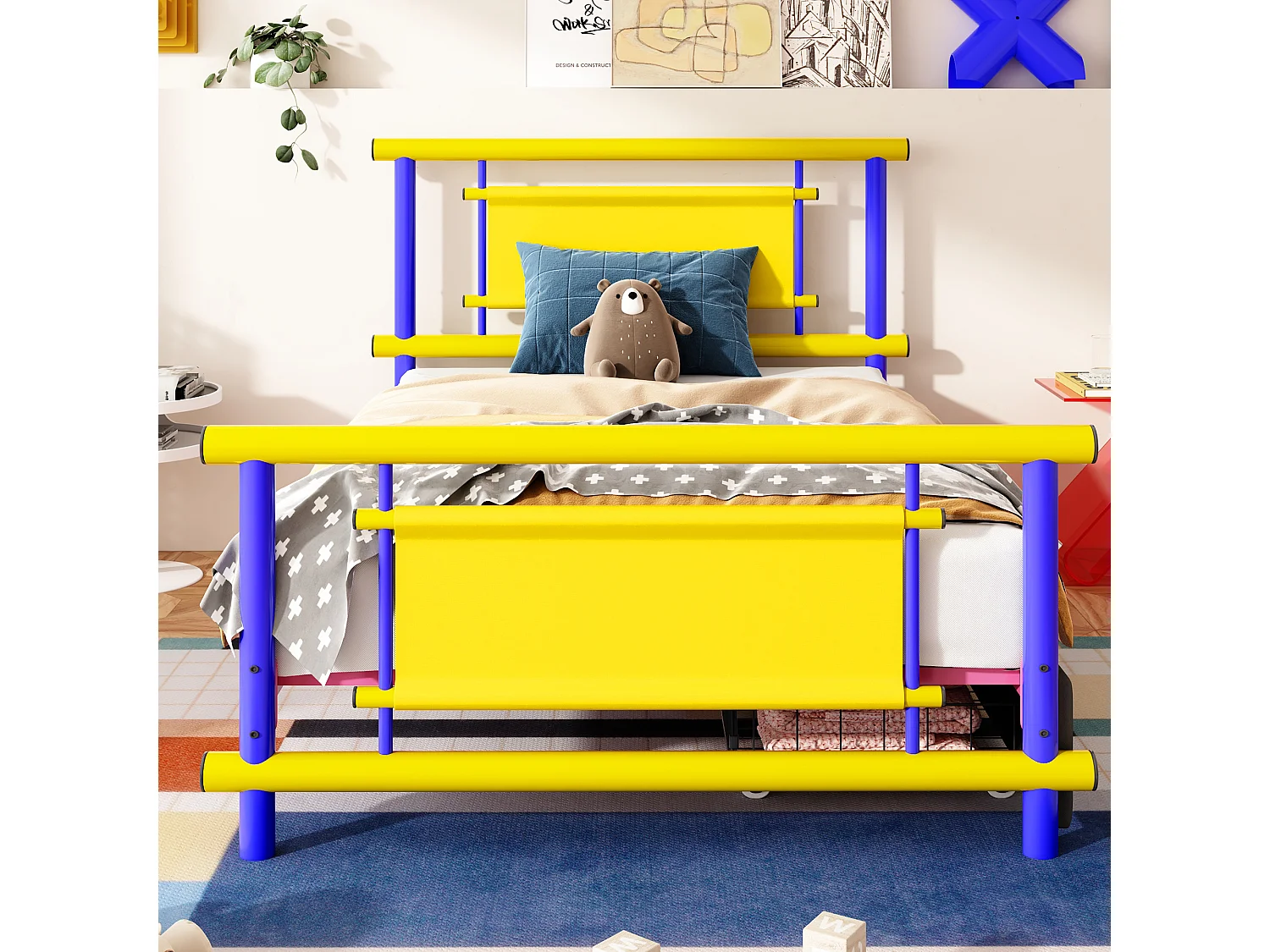 Kinderbett aus Metall 90x200 - mit 2 Schubladen - blau + gelb (Matratze nicht enthalten)