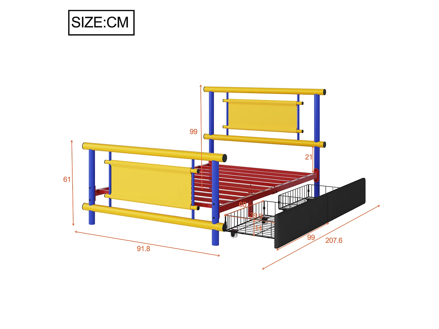 Kinderbett aus Metall 90x200 - mit 2 Schubladen - blau + gelb (Matratze nicht enthalten)