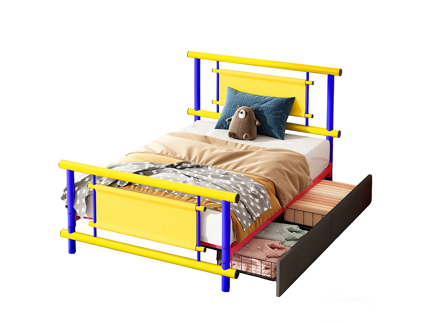 Kinderbett aus Metall 90x200 - mit 2 Schubladen - blau + gelb (Matratze nicht enthalten)