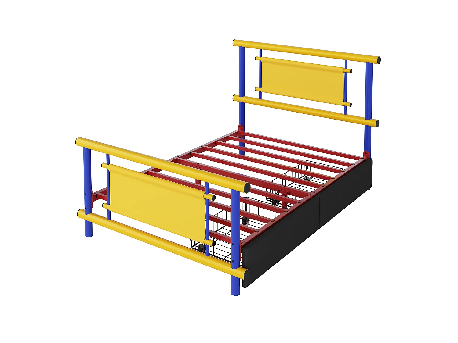 Kinderbett aus Metall 90x200 - mit 2 Schubladen - blau + gelb (Matratze nicht enthalten)