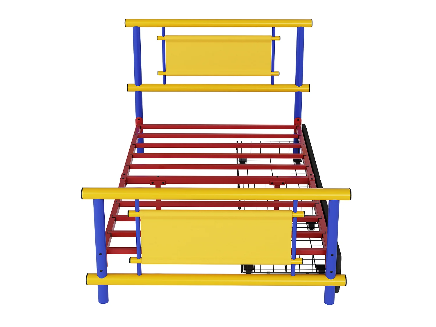 Kinderbett aus Metall 90x200 - mit 2 Schubladen - blau + gelb (Matratze nicht enthalten)