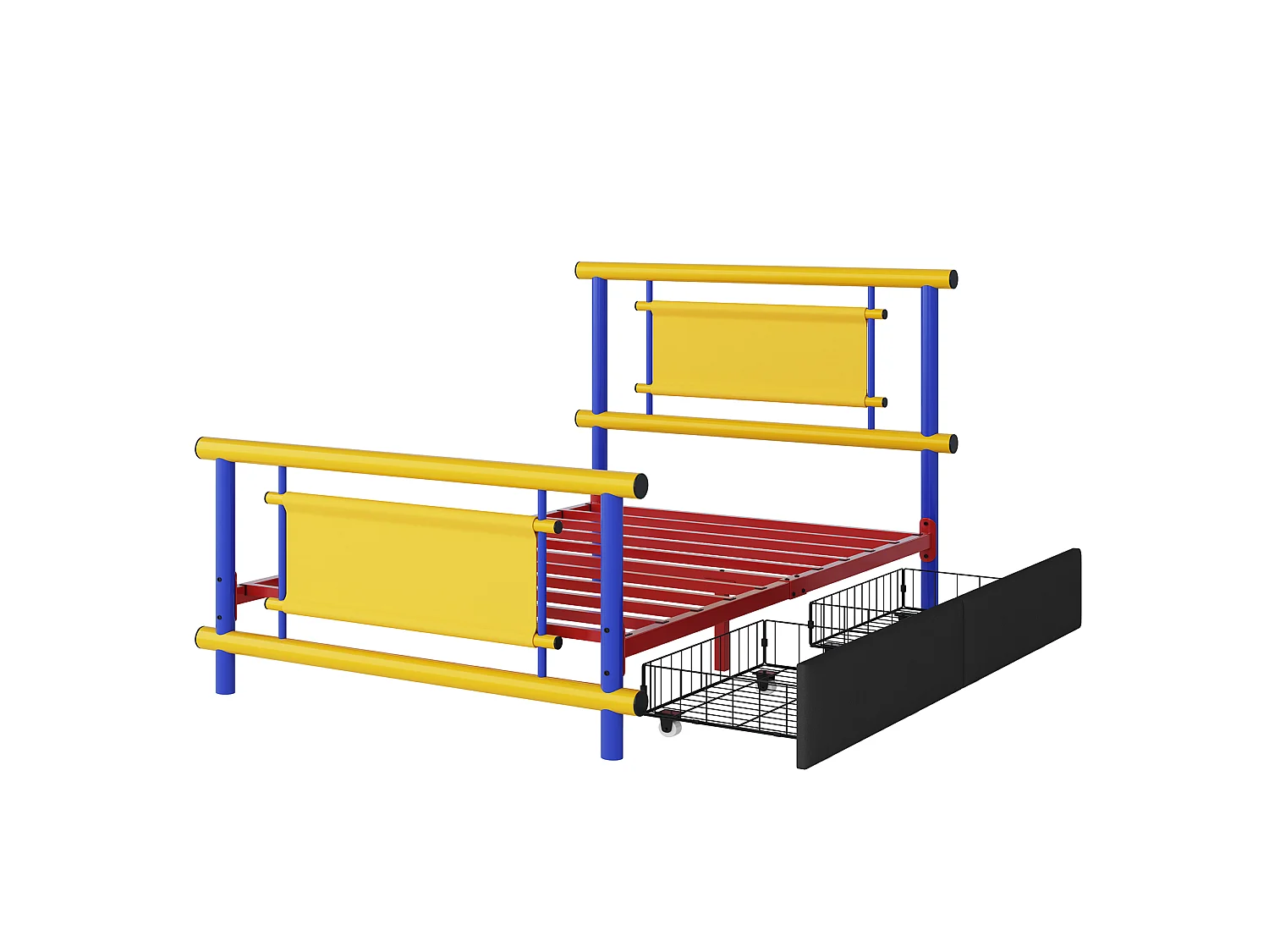 Kinderbett aus Metall 90x200 - mit 2 Schubladen - blau + gelb (Matratze nicht enthalten)