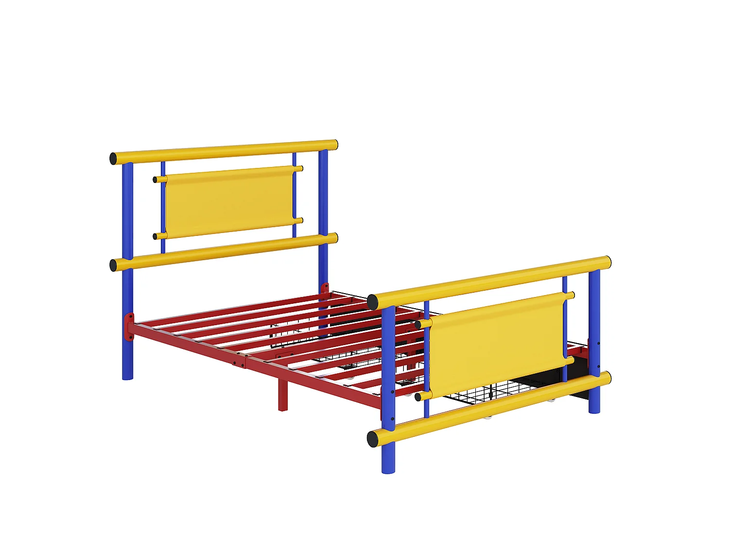 Kinderbett aus Metall 90x200 - mit 2 Schubladen - blau + gelb (Matratze nicht enthalten)