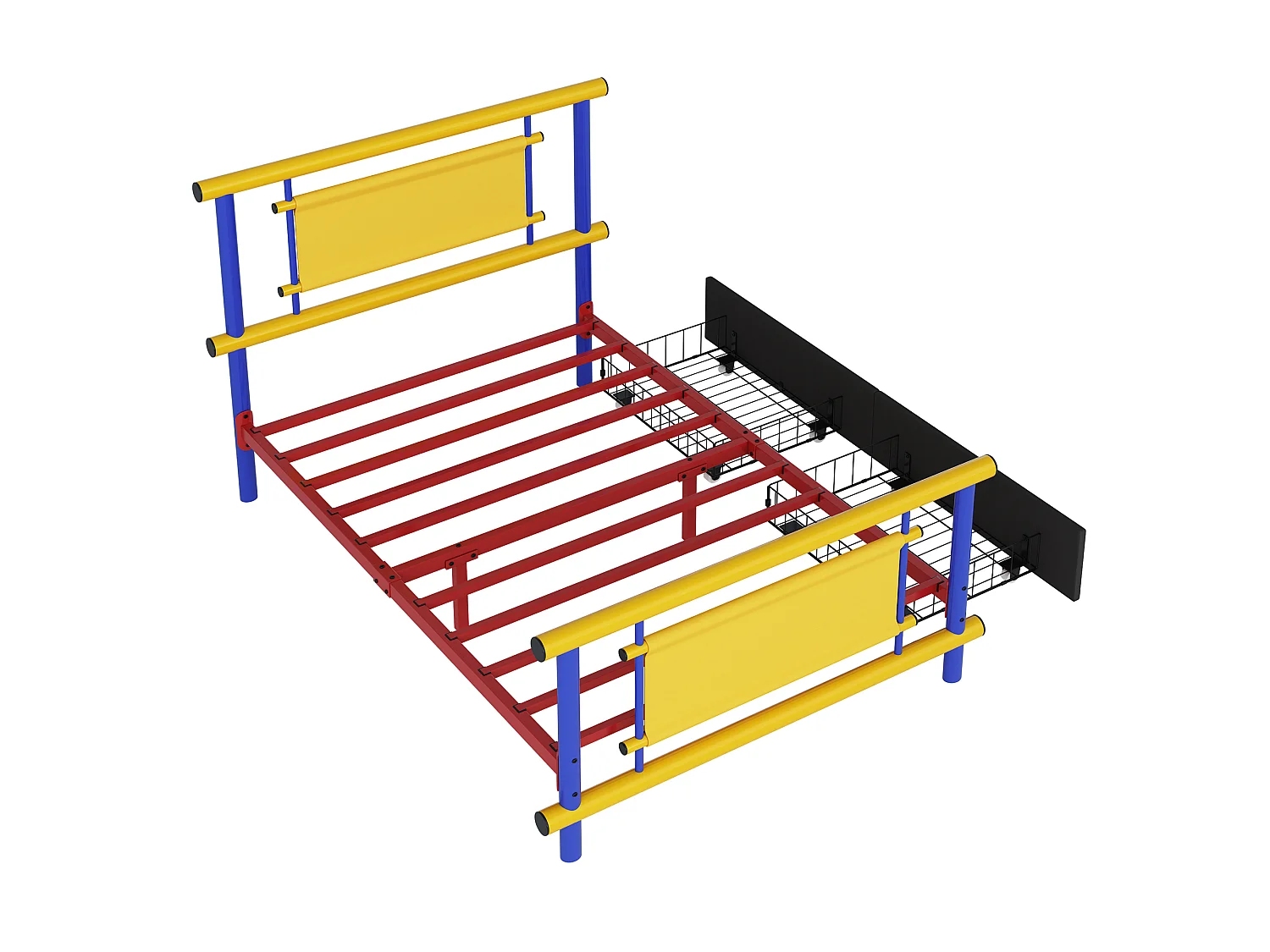 Kinderbett aus Metall 90x200 - mit 2 Schubladen - blau + gelb (Matratze nicht enthalten)