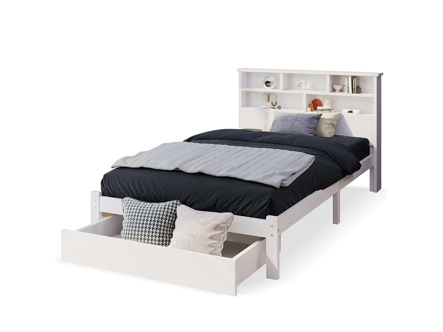 Bett für Erwachsene mit Stauraum-Kopfteil + Schublade + Lattenrost – 90 x 200 cm – Massivholz – Weiß