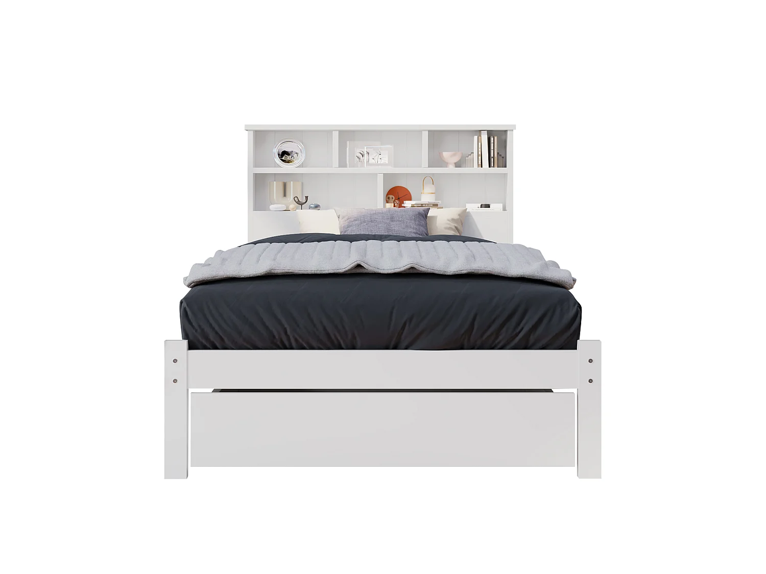 Bett für Erwachsene mit Stauraum-Kopfteil + Schublade + Lattenrost – 90 x 200 cm – Massivholz – Weiß