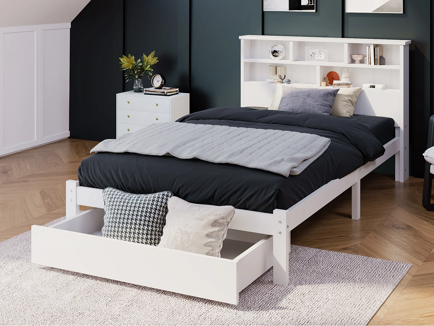 Bett für Erwachsene mit Stauraum-Kopfteil + Schublade + Lattenrost – 90 x 200 cm – Massivholz – Weiß