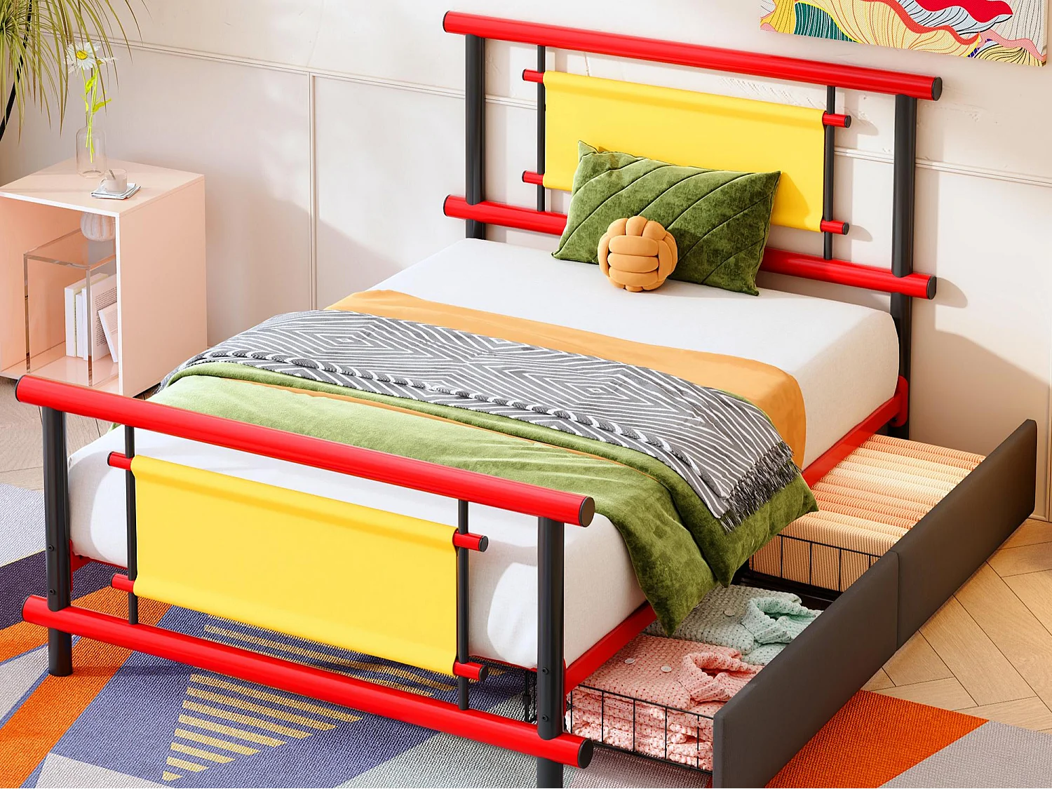 Kinderbett aus Metall 90x200 - mit 2 Schubladen - rot + schwarz (Matratze nicht enthalten)