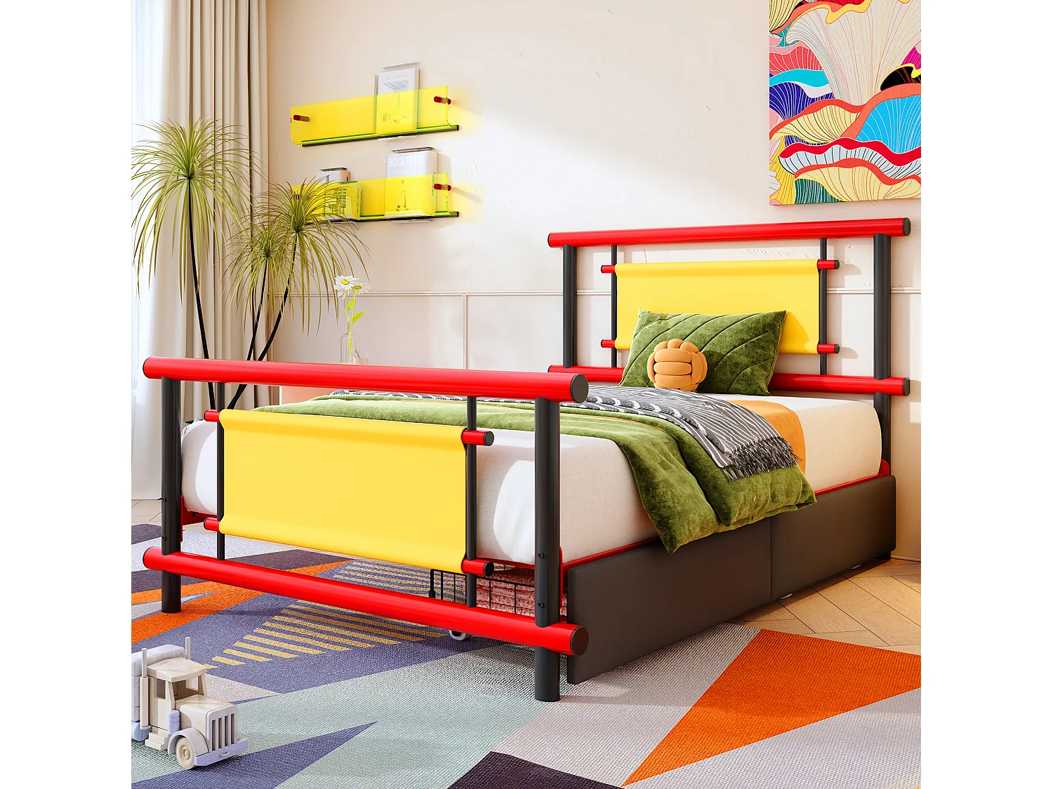 Kinderbett aus Metall 90x200 - mit 2 Schubladen - rot + schwarz (Matratze nicht enthalten)