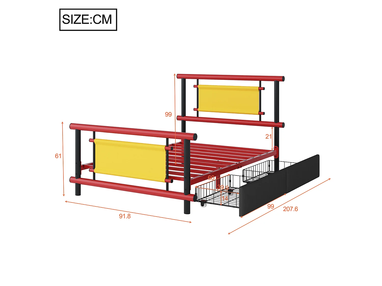 Kinderbett aus Metall 90x200 - mit 2 Schubladen - rot + schwarz (Matratze nicht enthalten)
