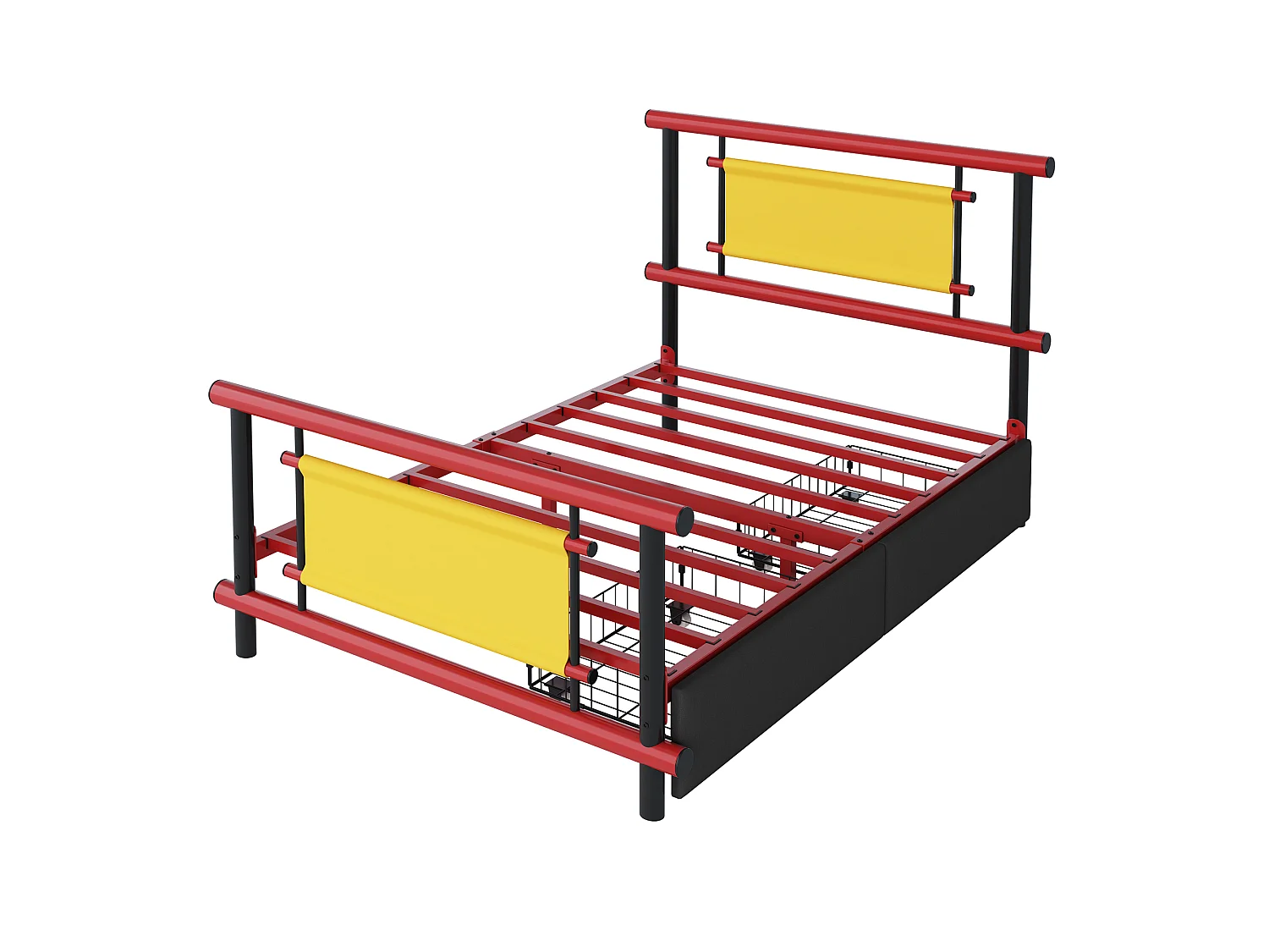 Kinderbett aus Metall 90x200 - mit 2 Schubladen - rot + schwarz (Matratze nicht enthalten)