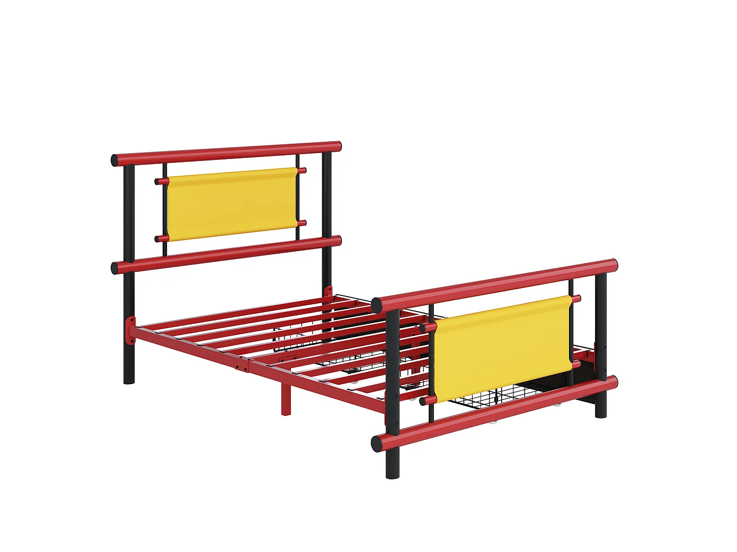 Kinderbett aus Metall 90x200 - mit 2 Schubladen - rot + schwarz (Matratze nicht enthalten)