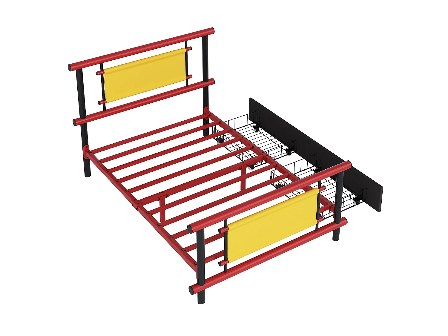 Kinderbett aus Metall 90x200 - mit 2 Schubladen - rot + schwarz (Matratze nicht enthalten)