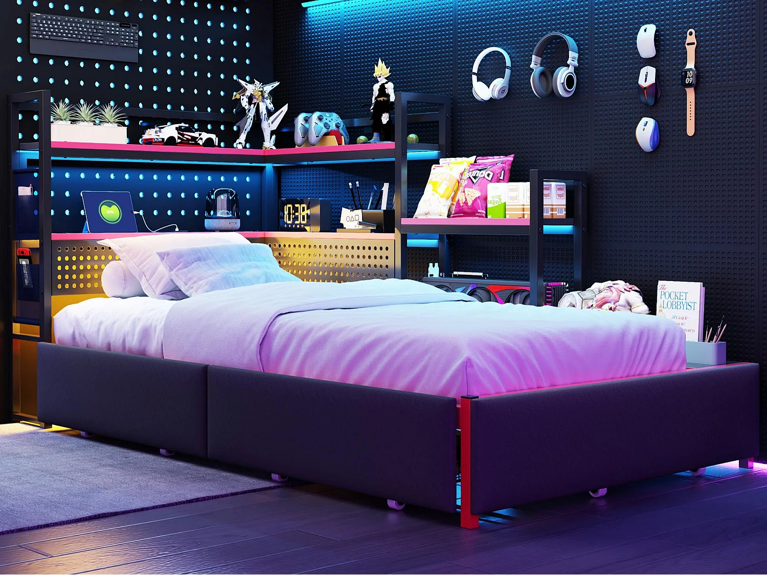 Cama infantil de metal 90x200 cm - com 3 gavetas - com luz LED - com porta USB - com prateleira de armazenamento - preta (colchão não incluído)