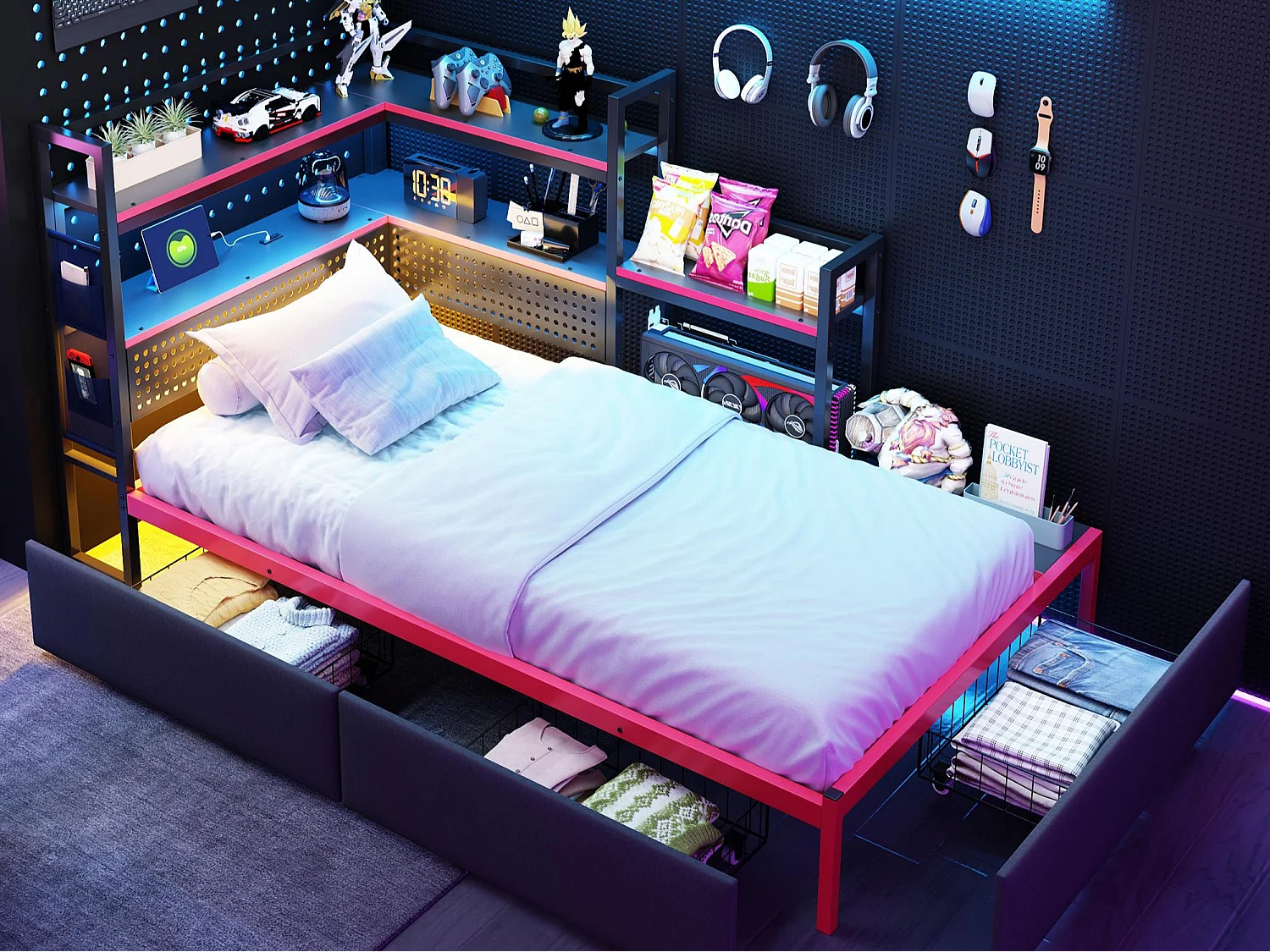 Cama infantil de metal 90x200 cm - com 3 gavetas - com luz LED - com porta USB - com prateleira de armazenamento - preta (colchão não incluído)