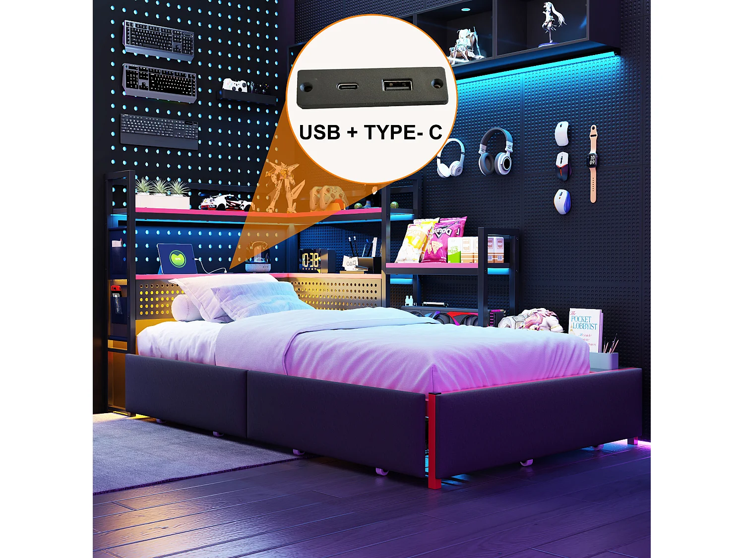 Cama infantil de metal 90x200 cm - com 3 gavetas - com luz LED - com porta USB - com prateleira de armazenamento - preta (colchão não incluído)