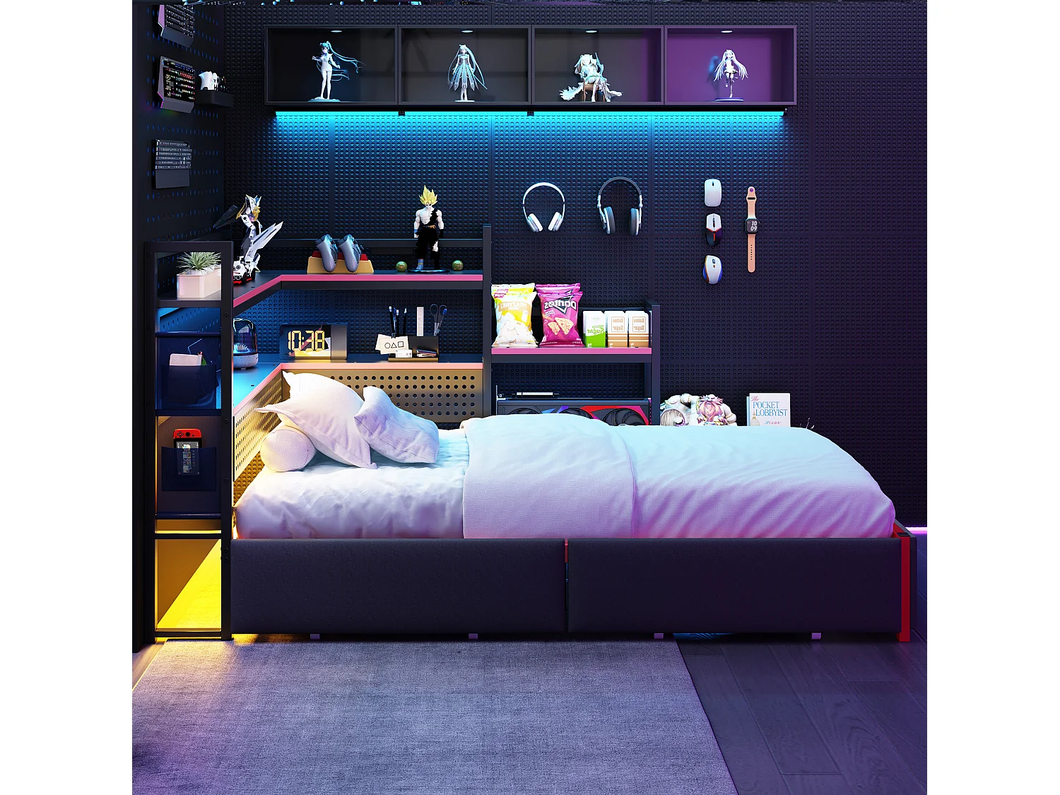 Cama infantil de metal 90x200 cm - com 3 gavetas - com luz LED - com porta USB - com prateleira de armazenamento - preta (colchão não incluído)