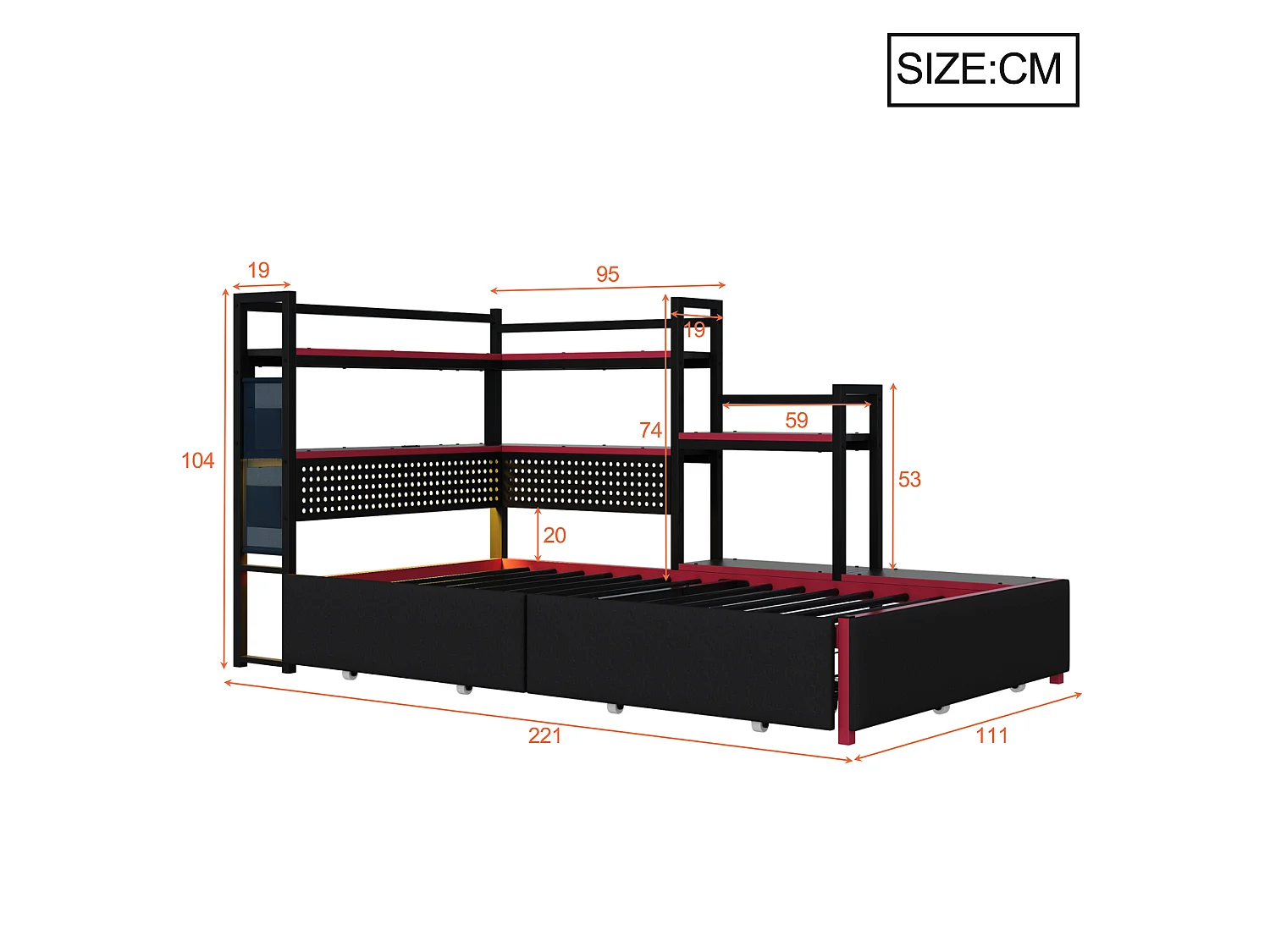 Cama infantil de metal 90x200 cm - com 3 gavetas - com luz LED - com porta USB - com prateleira de armazenamento - preta (colchão não incluído)