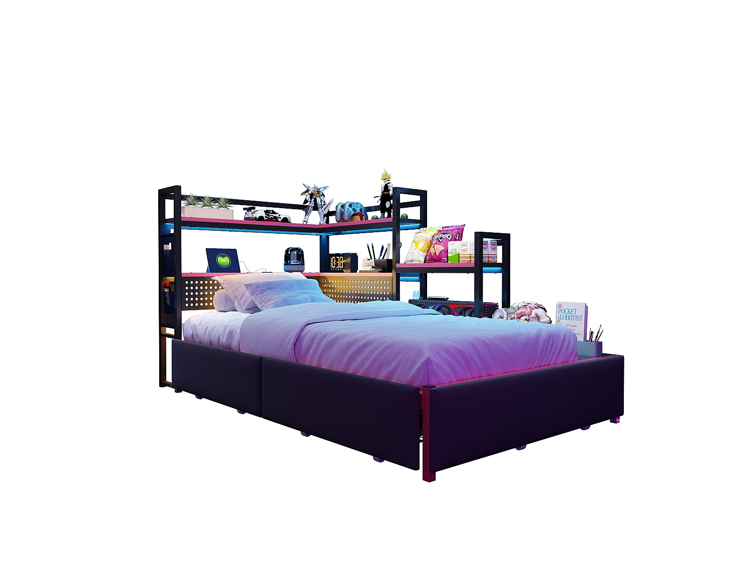 Cama infantil de metal 90x200 cm - com 3 gavetas - com luz LED - com porta USB - com prateleira de armazenamento - preta (colchão não incluído)