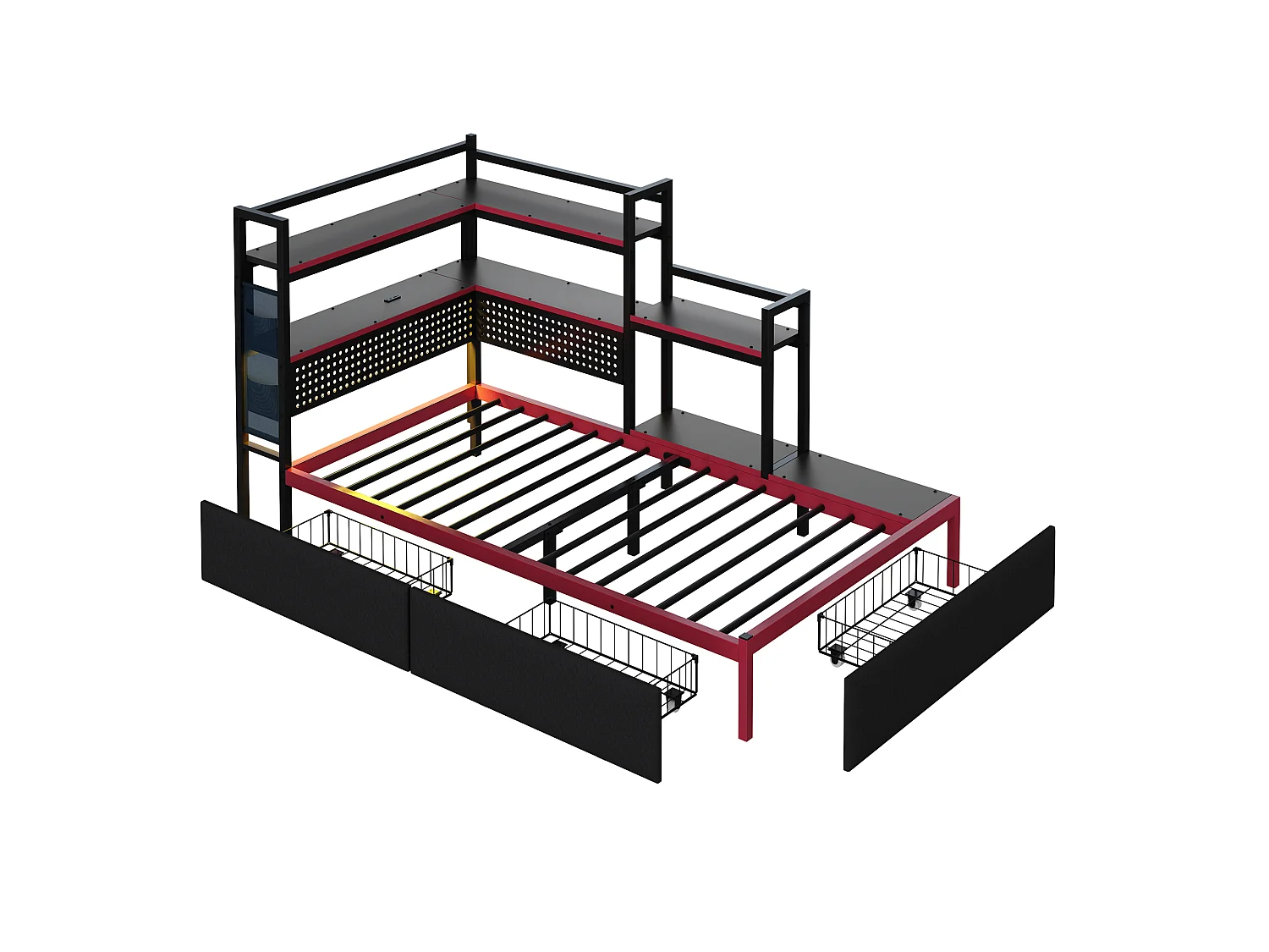 Cama infantil de metal 90x200 cm - com 3 gavetas - com luz LED - com porta USB - com prateleira de armazenamento - preta (colchão não incluído)