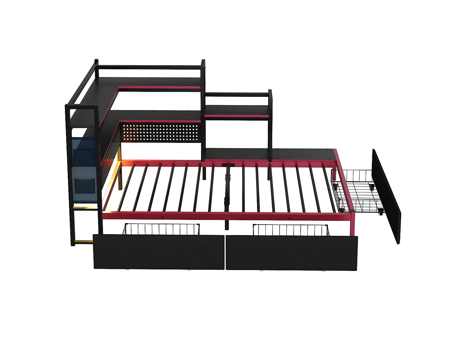 Cama infantil de metal 90x200 cm - com 3 gavetas - com luz LED - com porta USB - com prateleira de armazenamento - preta (colchão não incluído)