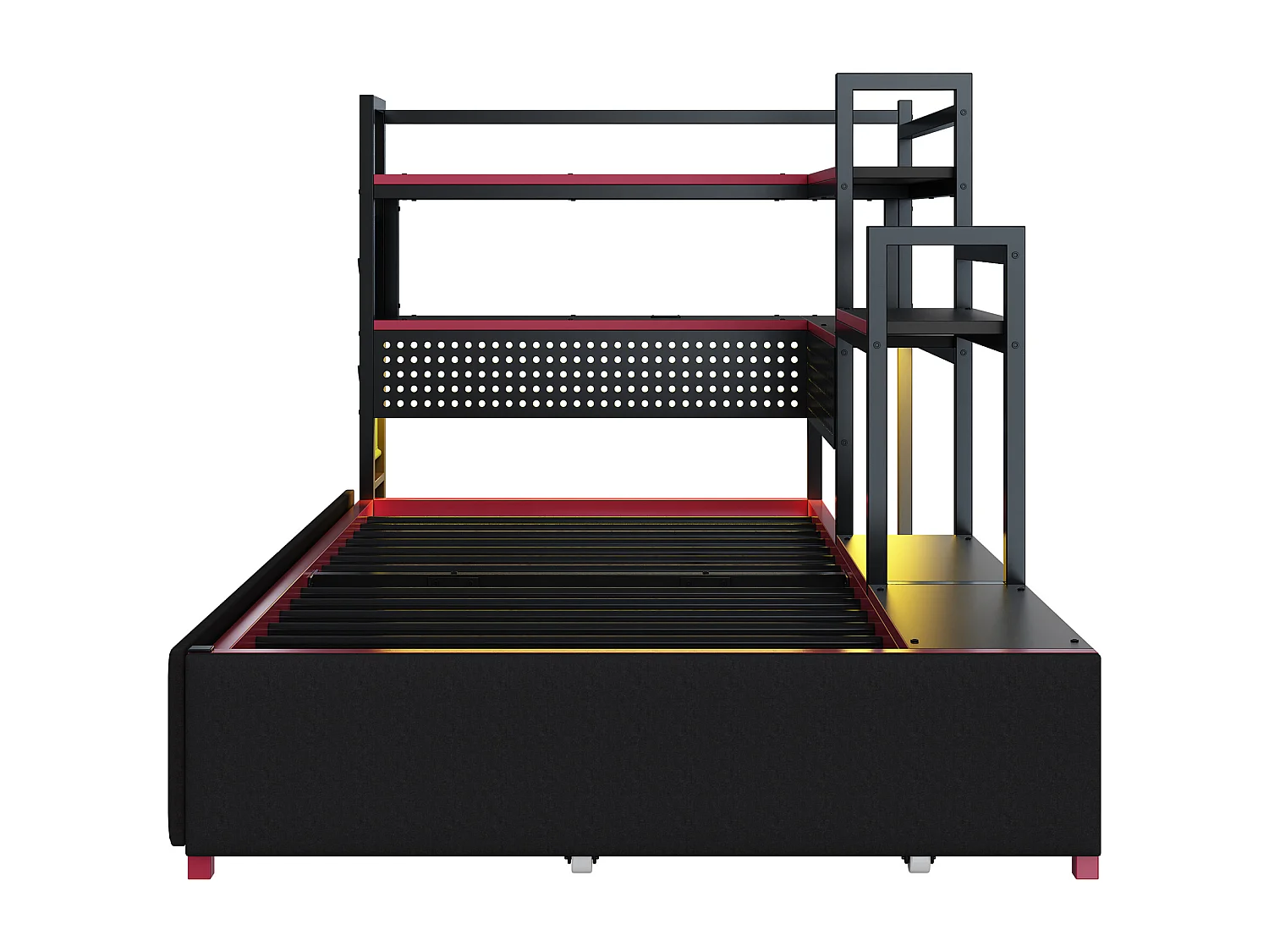 Cama infantil de metal 90x200 cm - com 3 gavetas - com luz LED - com porta USB - com prateleira de armazenamento - preta (colchão não incluído)