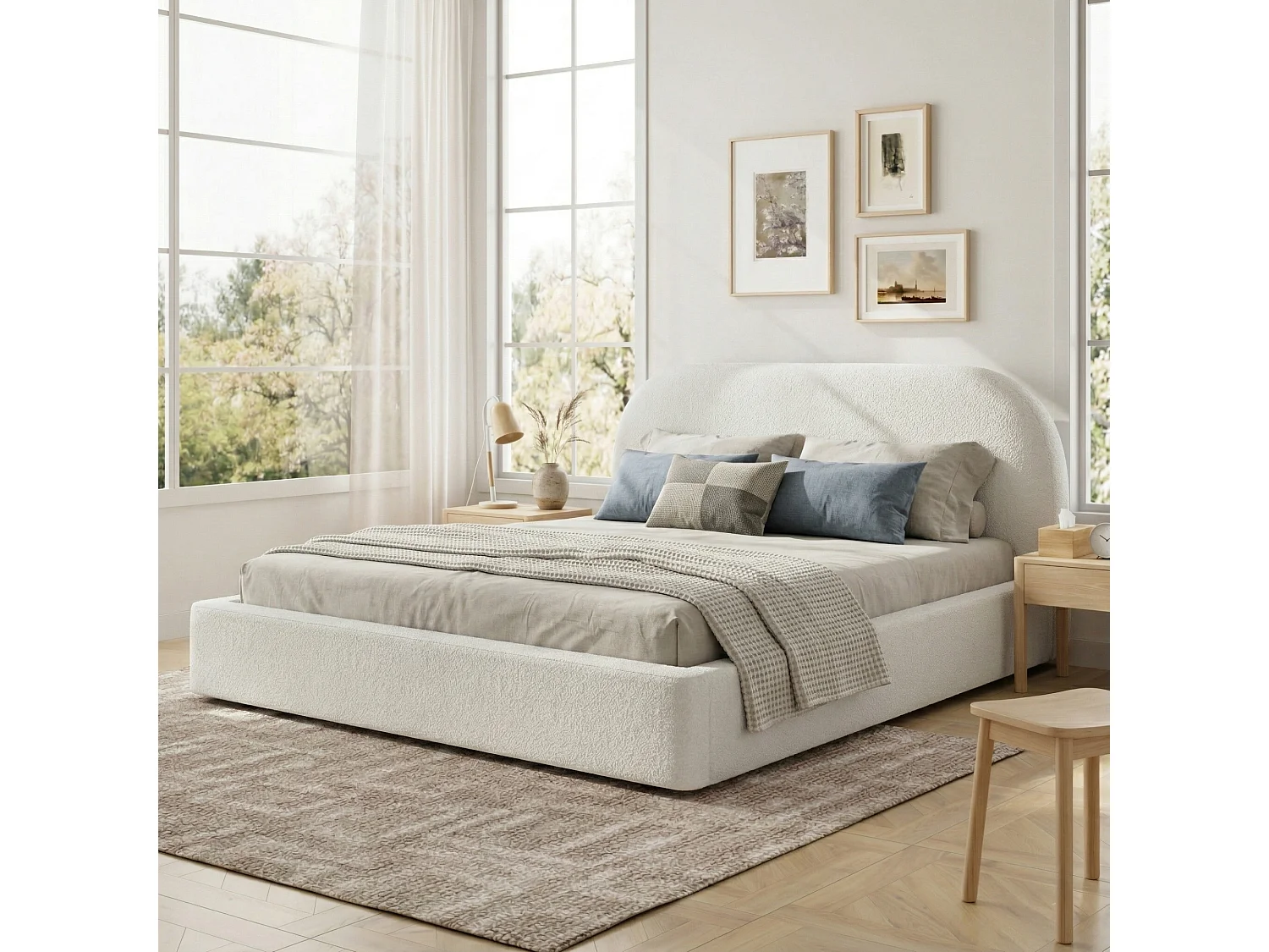 Polstret dobbeltseng 180x200 cm - med lamelbund - bouclé stof - Beige (uden madras)