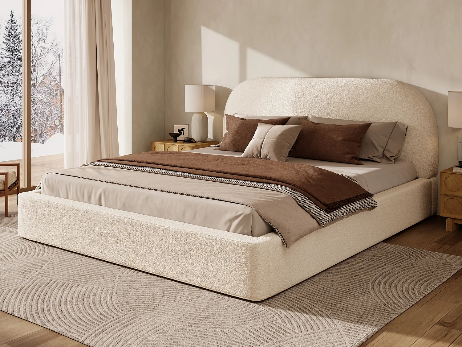 Polstret dobbeltseng 180x200 cm - med lamelbund - bouclé stof - Beige (uden madras)