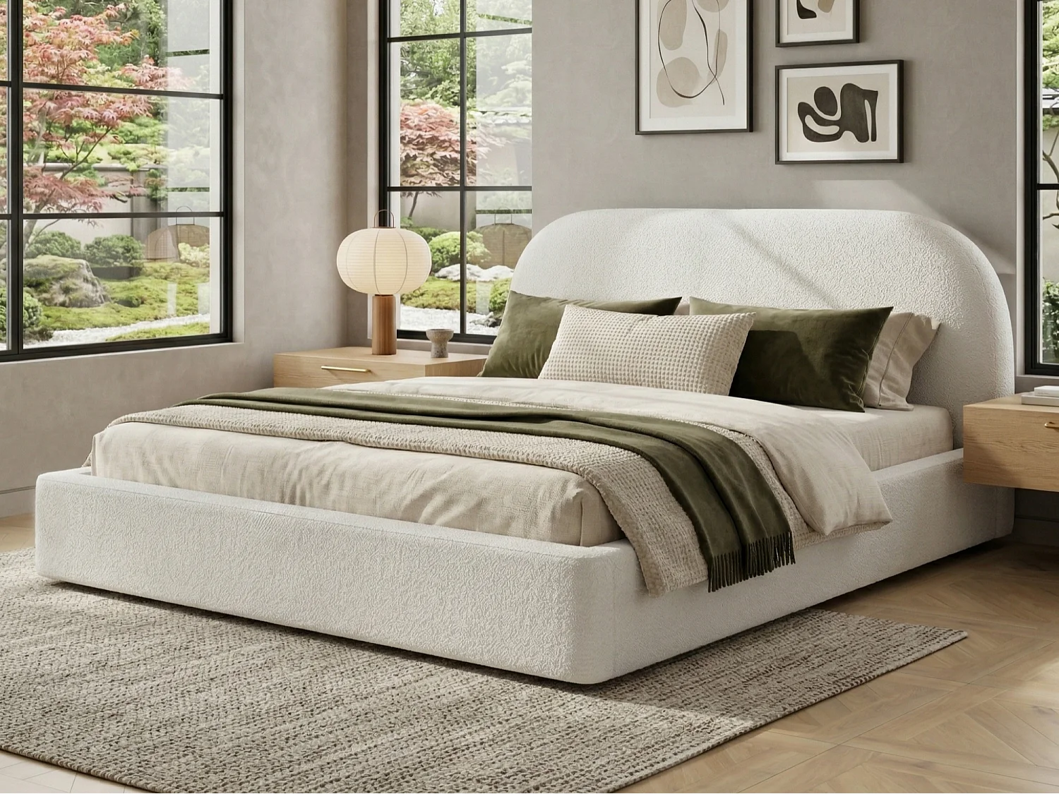 Polstret dobbeltseng 180x200 cm - med lamelbund - bouclé stof - Beige (uden madras)
