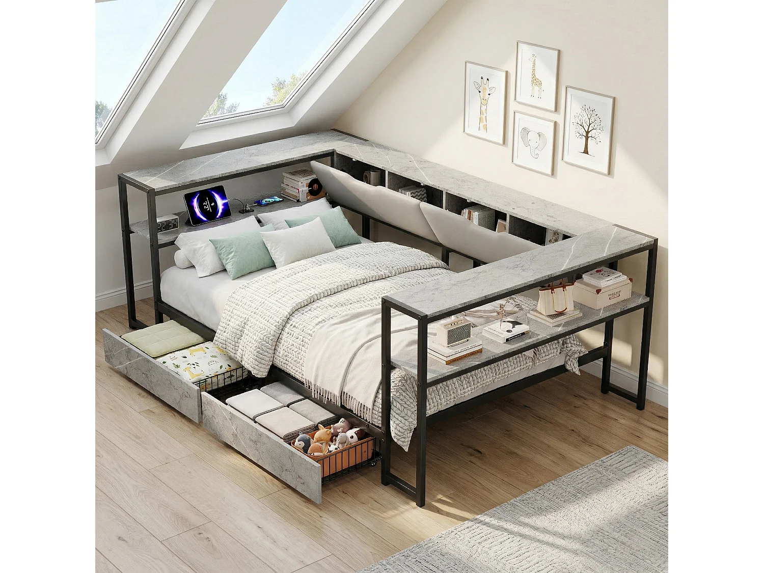 Lit banquette pour enfant - 90 x 200 - avec USB + 2 tiroirs + étagères de rangement - MDF + métal - gris