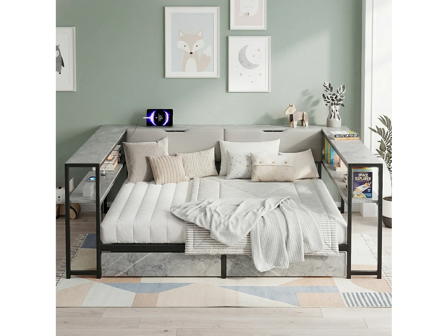 Lit banquette pour enfant - 90 x 200 - avec USB + 2 tiroirs + étagères de rangement - MDF + métal - gris