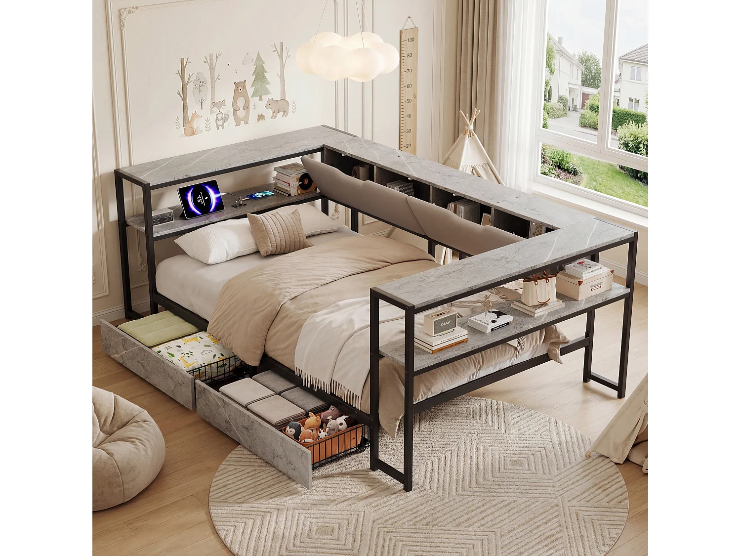 Lit banquette pour enfant - 90 x 200 - avec USB + 2 tiroirs + étagères de rangement - MDF + métal - gris