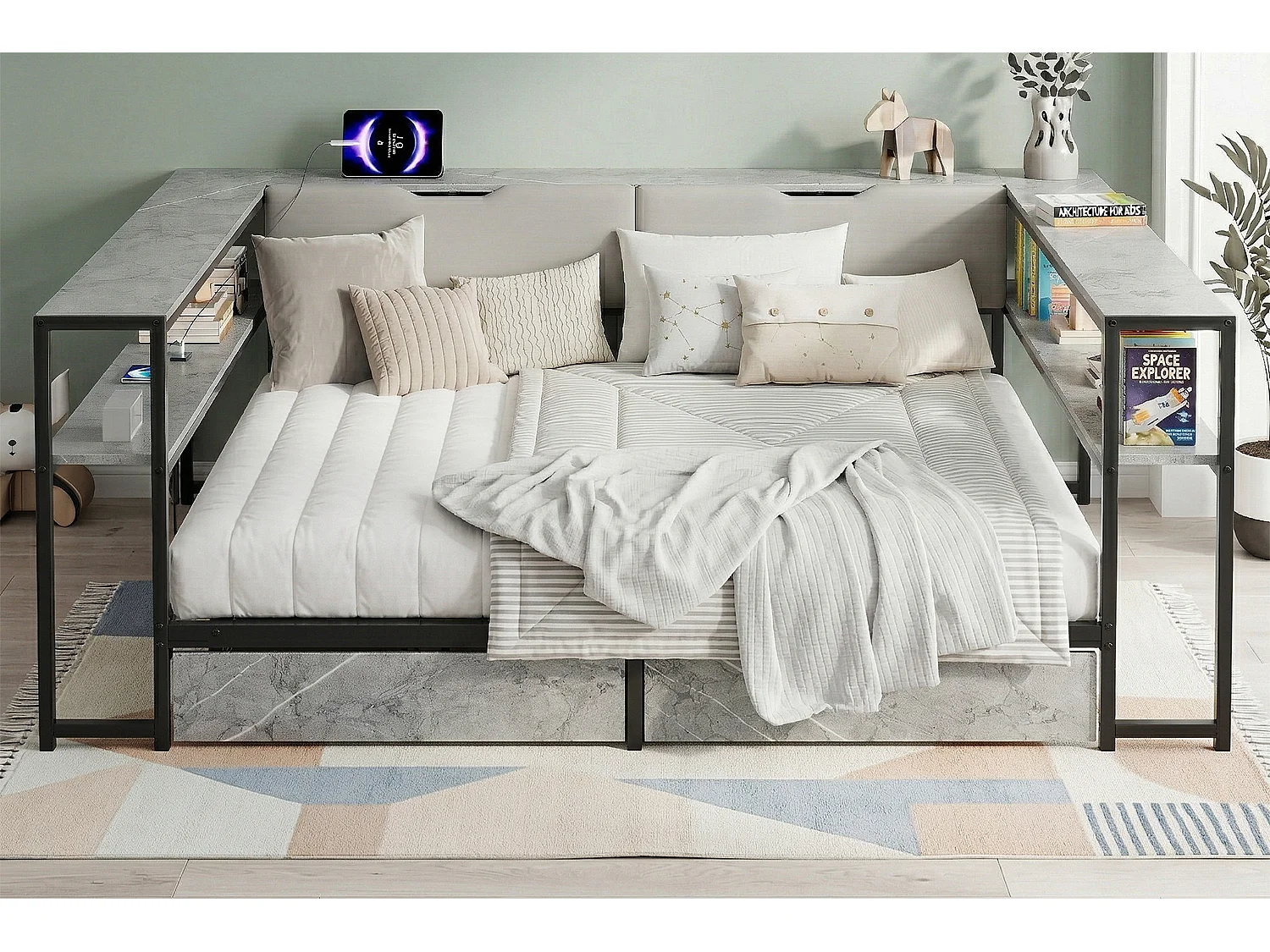 Lit banquette pour enfant - 90 x 200 - avec USB + 2 tiroirs + étagères de rangement - MDF + métal - gris