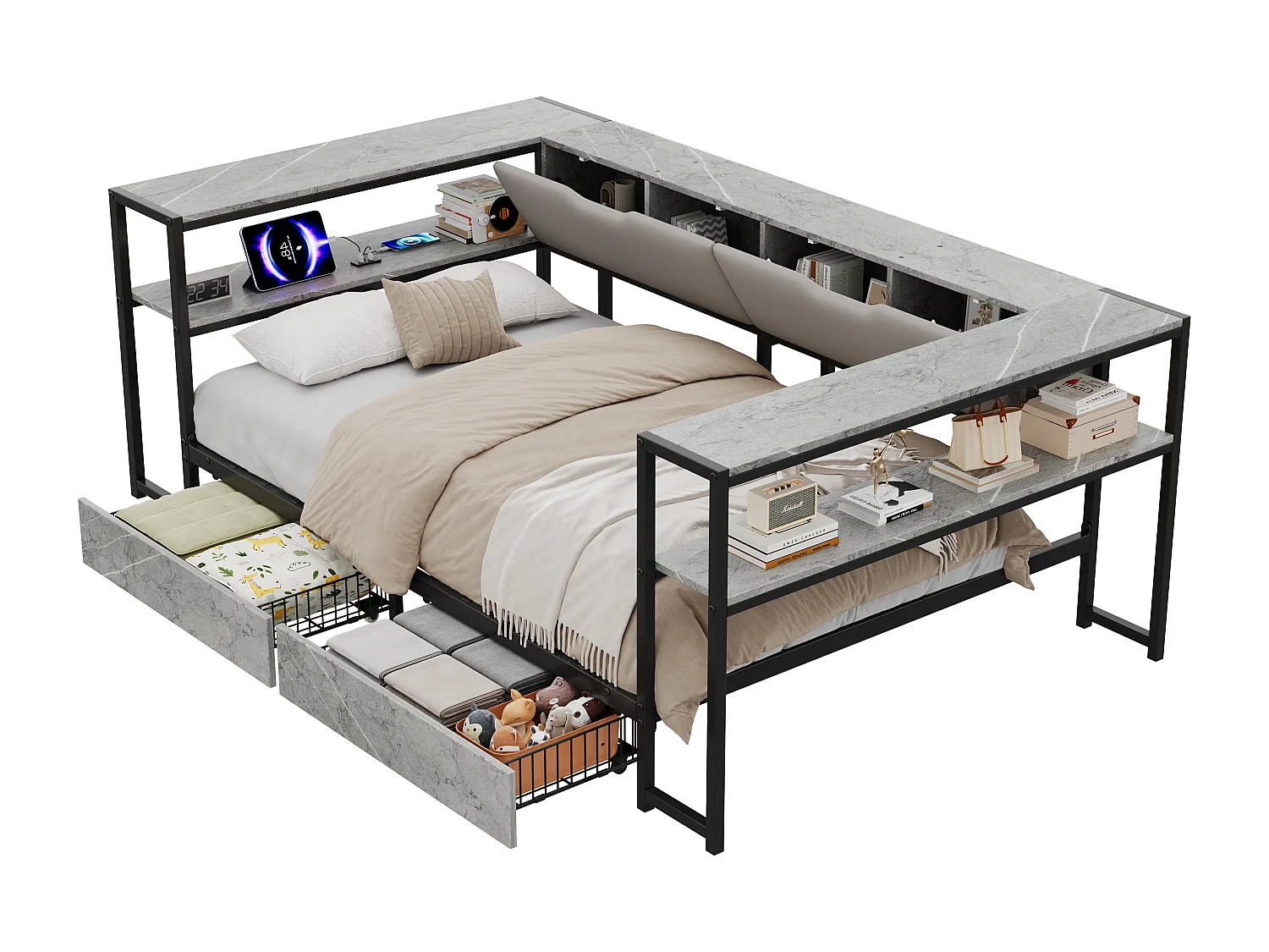 Lit banquette pour enfant - 90 x 200 - avec USB + 2 tiroirs + étagères de rangement - MDF + métal - gris