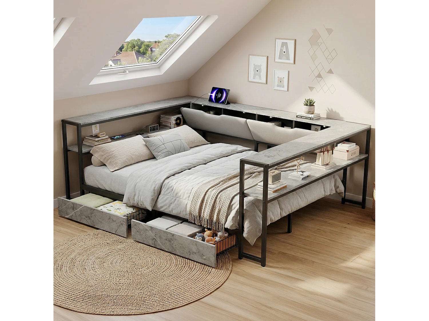 Lit banquette pour enfant - 140 x 200 - avec USB + 2 tiroirs + étagères de rangement - MDF + métal - gris