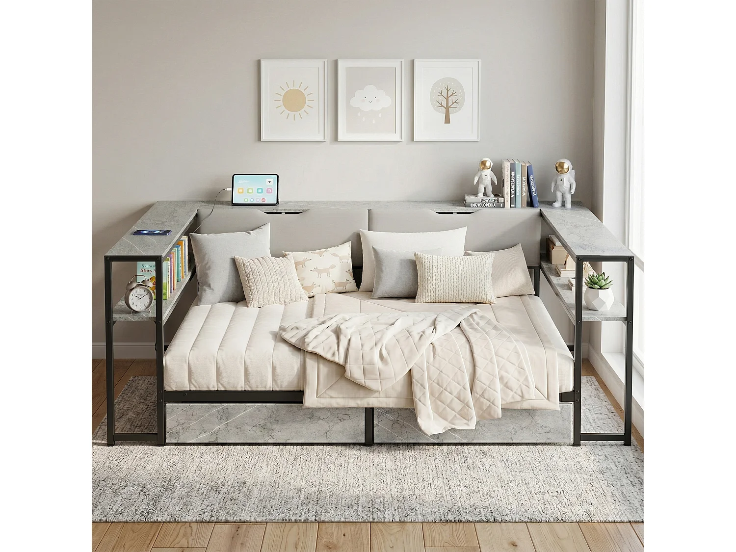 Lit banquette pour enfant - 140 x 200 - avec USB + 2 tiroirs + étagères de rangement - MDF + métal - gris