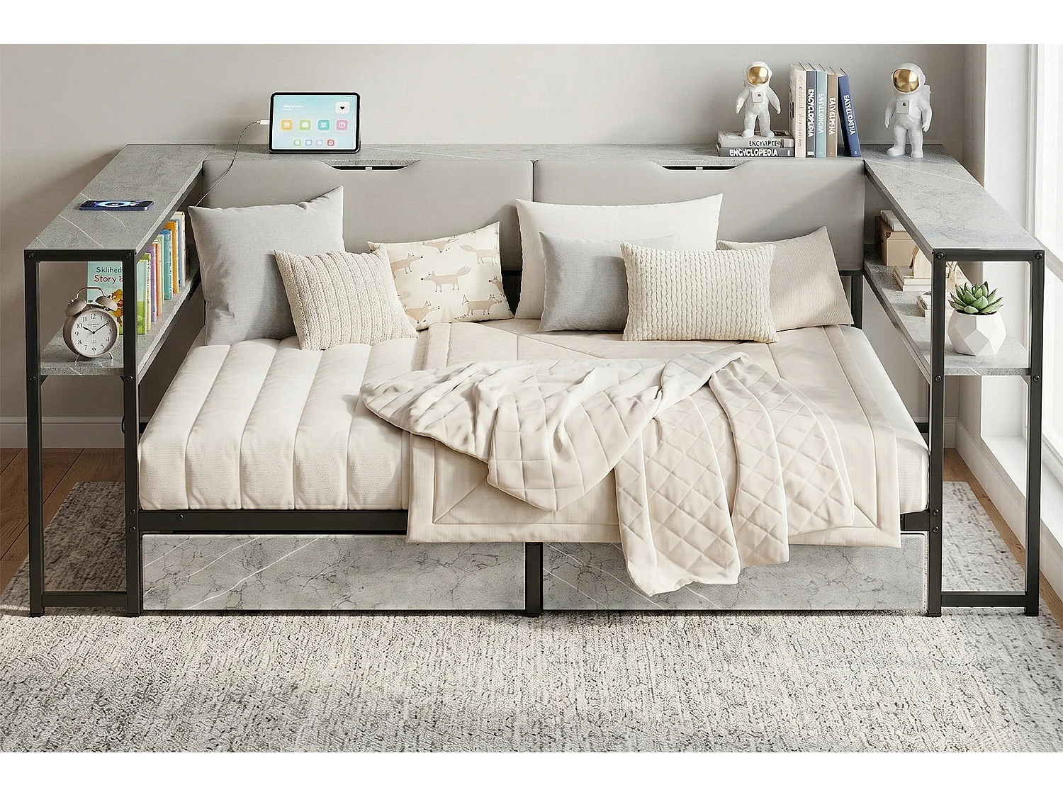 Lit banquette pour enfant - 140 x 200 - avec USB + 2 tiroirs + étagères de rangement - MDF + métal - gris