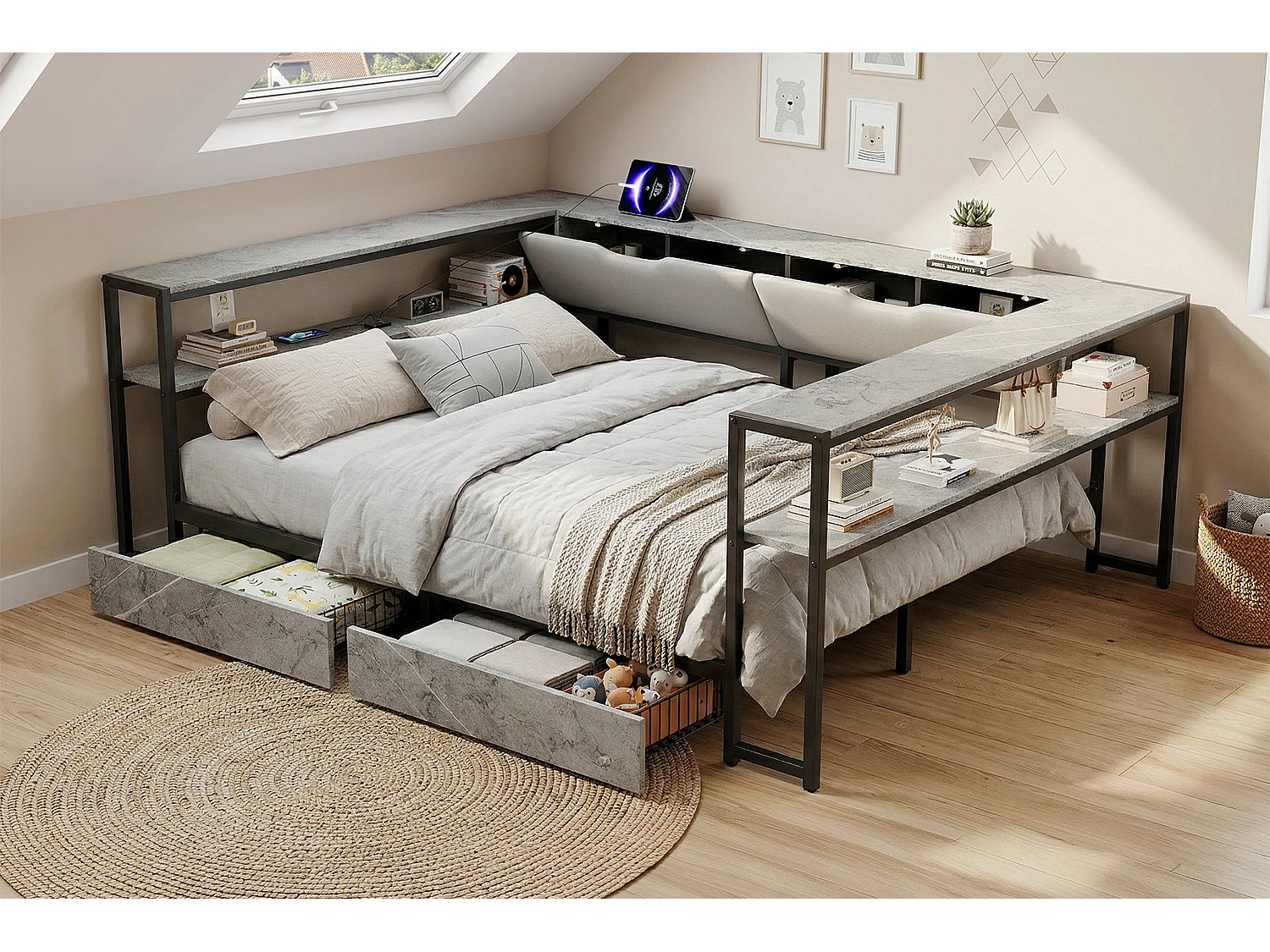 Lit banquette pour enfant - 140 x 200 - avec USB + 2 tiroirs + étagères de rangement - MDF + métal - gris