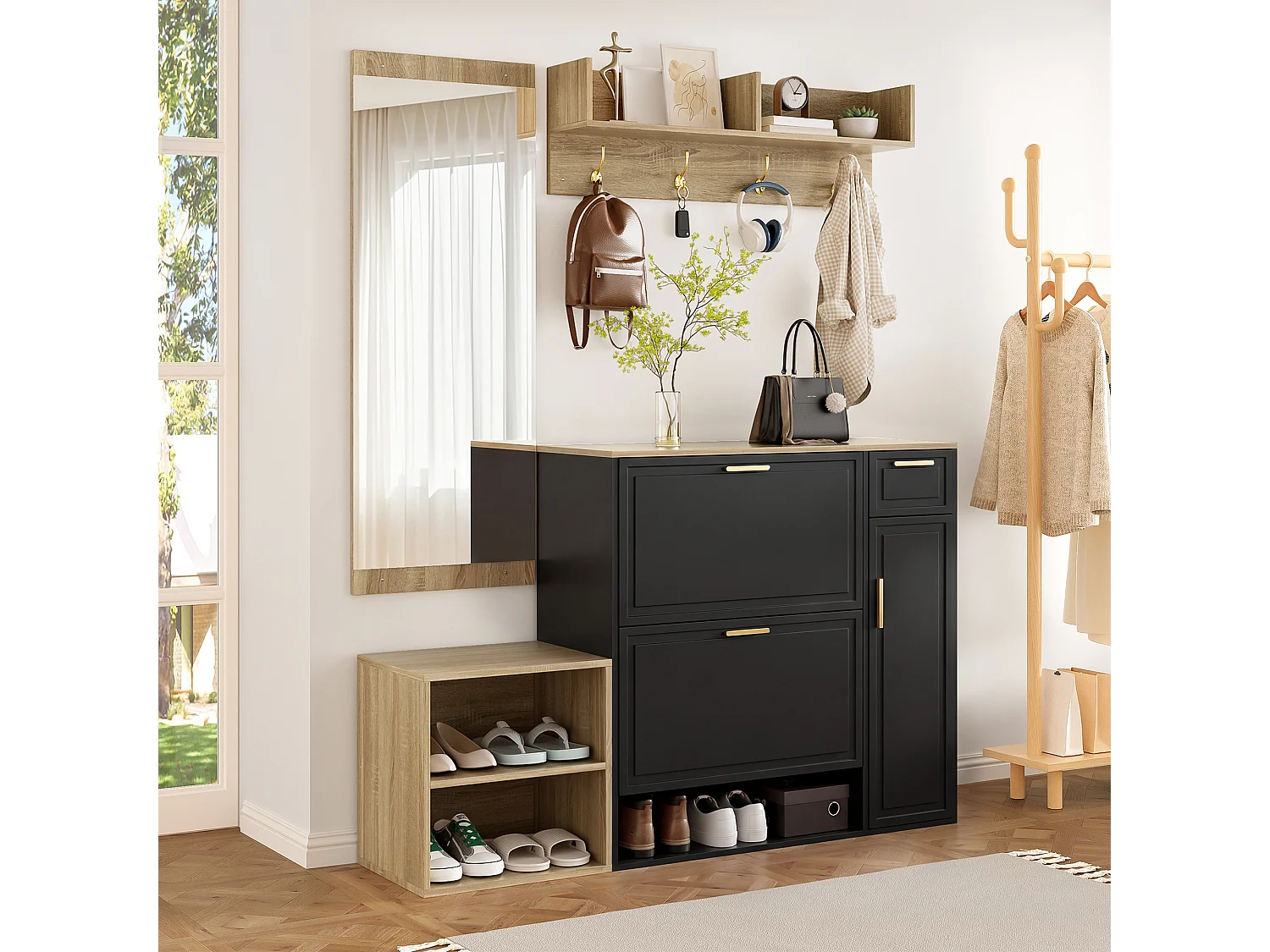 Flurkleiderschrank Set 130x30x174 cm - Mit Schuhschränken - Mit Wandspiegel und Kleiderhaken - Schwarz