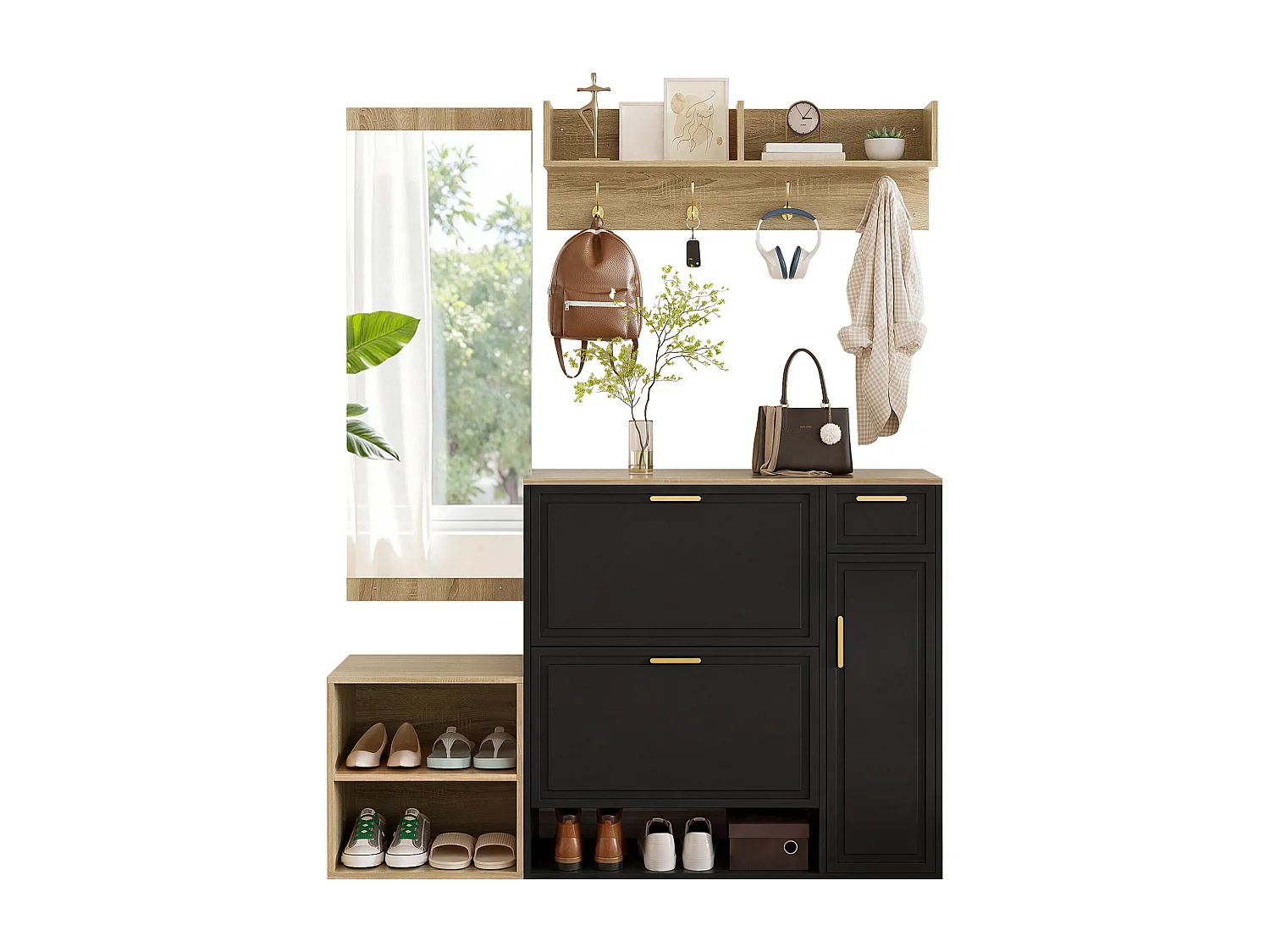 Flurkleiderschrank Set 130x30x174 cm - Mit Schuhschränken - Mit Wandspiegel und Kleiderhaken - Schwarz