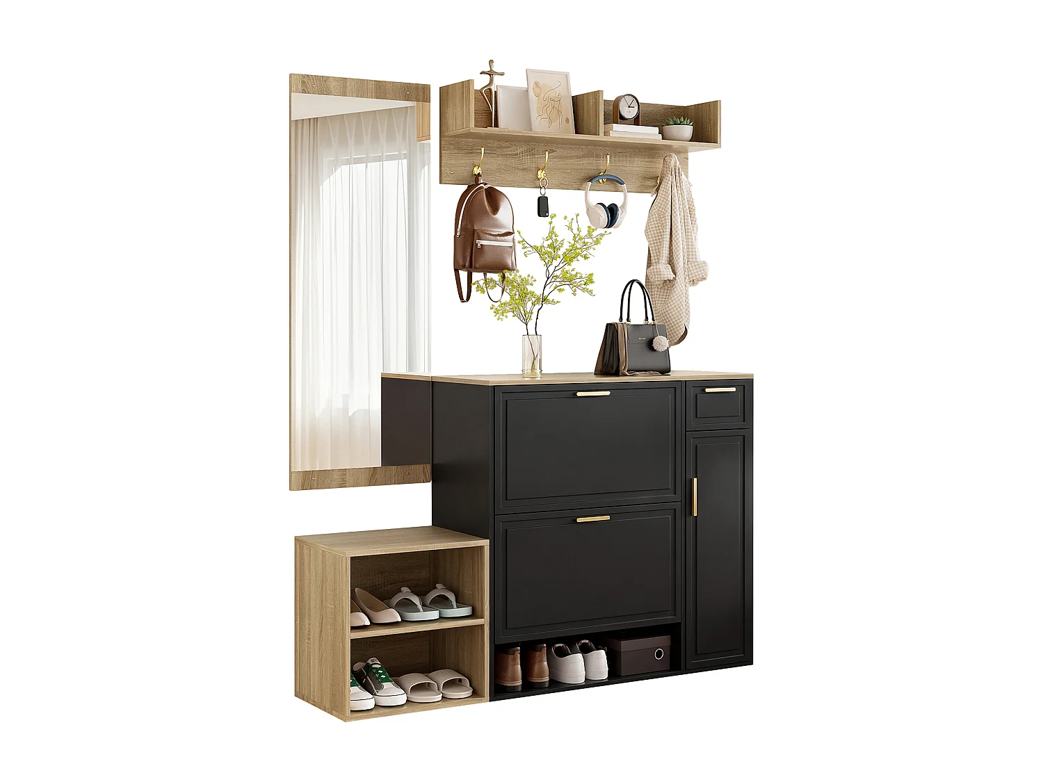 Flurkleiderschrank Set 130x30x174 cm - Mit Schuhschränken - Mit Wandspiegel und Kleiderhaken - Schwarz