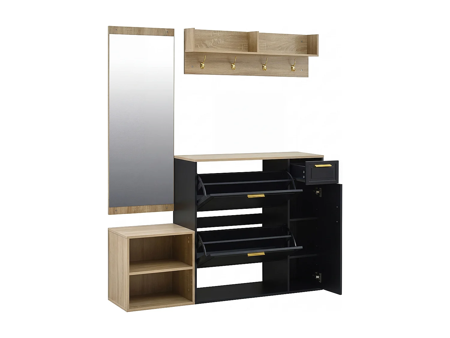 Flurkleiderschrank Set 130x30x174 cm - Mit Schuhschränken - Mit Wandspiegel und Kleiderhaken - Schwarz