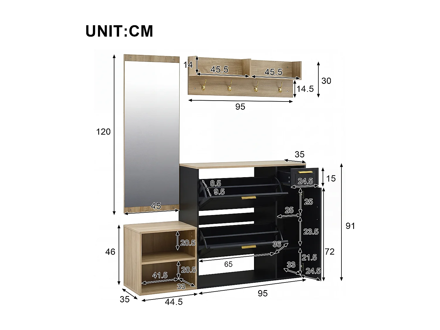 Flurkleiderschrank Set 130x30x174 cm - Mit Schuhschränken - Mit Wandspiegel und Kleiderhaken - Schwarz