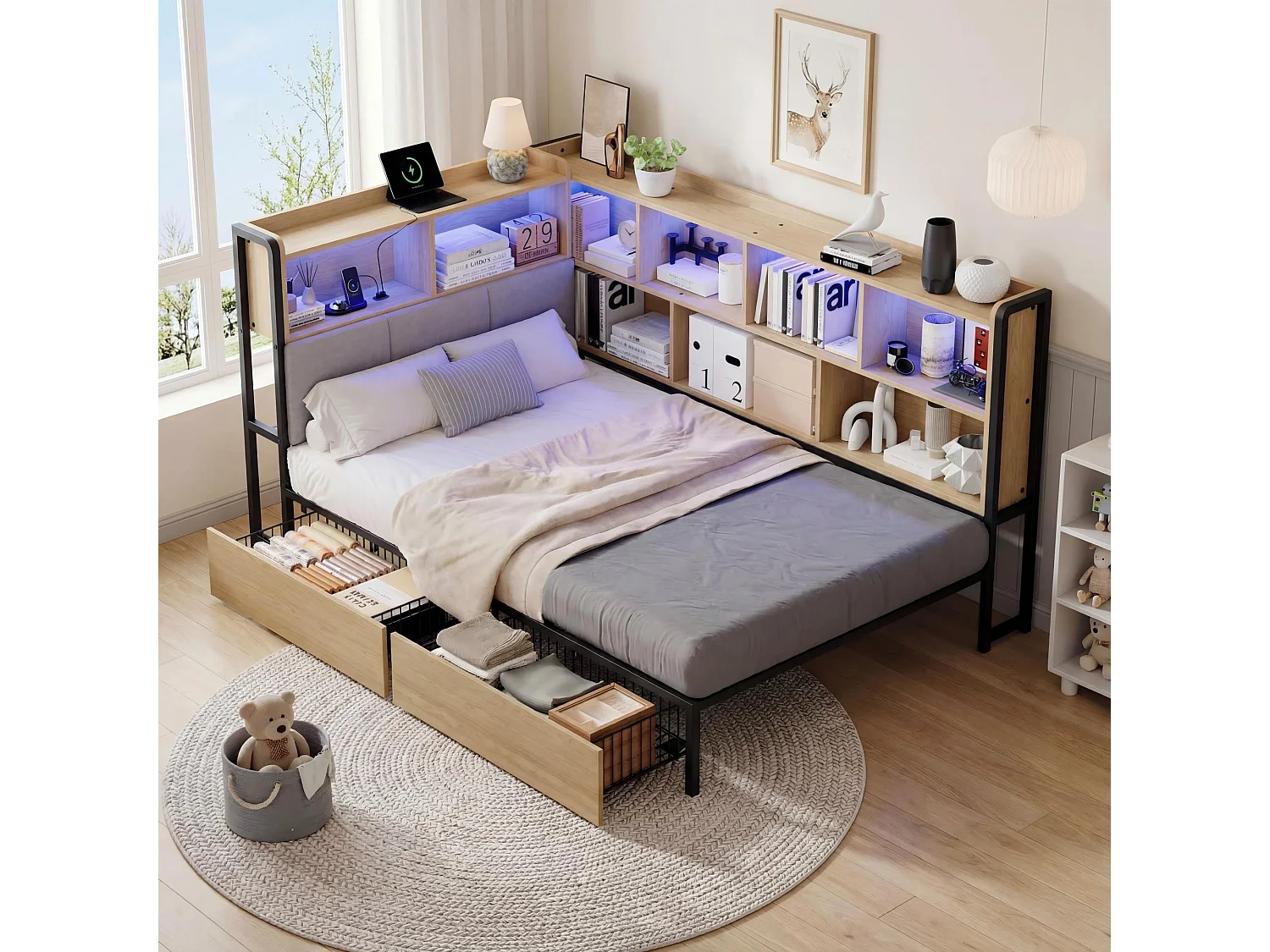 Lit banquette pour enfant - 90 x 200 - avec Leds + USB + 2 tiroirs + tête de lit de rangement - MDF + métal - naturel