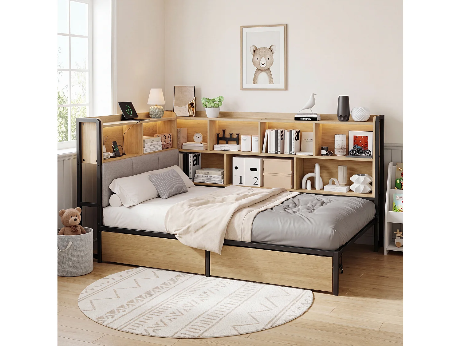 Lit banquette pour enfant - 90 x 200 - avec Leds + USB + 2 tiroirs + tête de lit de rangement - MDF + métal - naturel