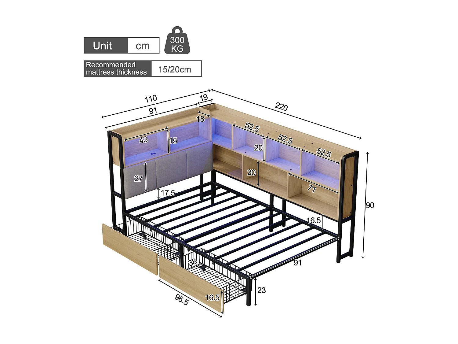 Lit banquette pour enfant - 90 x 200 - avec Leds + USB + 2 tiroirs + tête de lit de rangement - MDF + métal - naturel