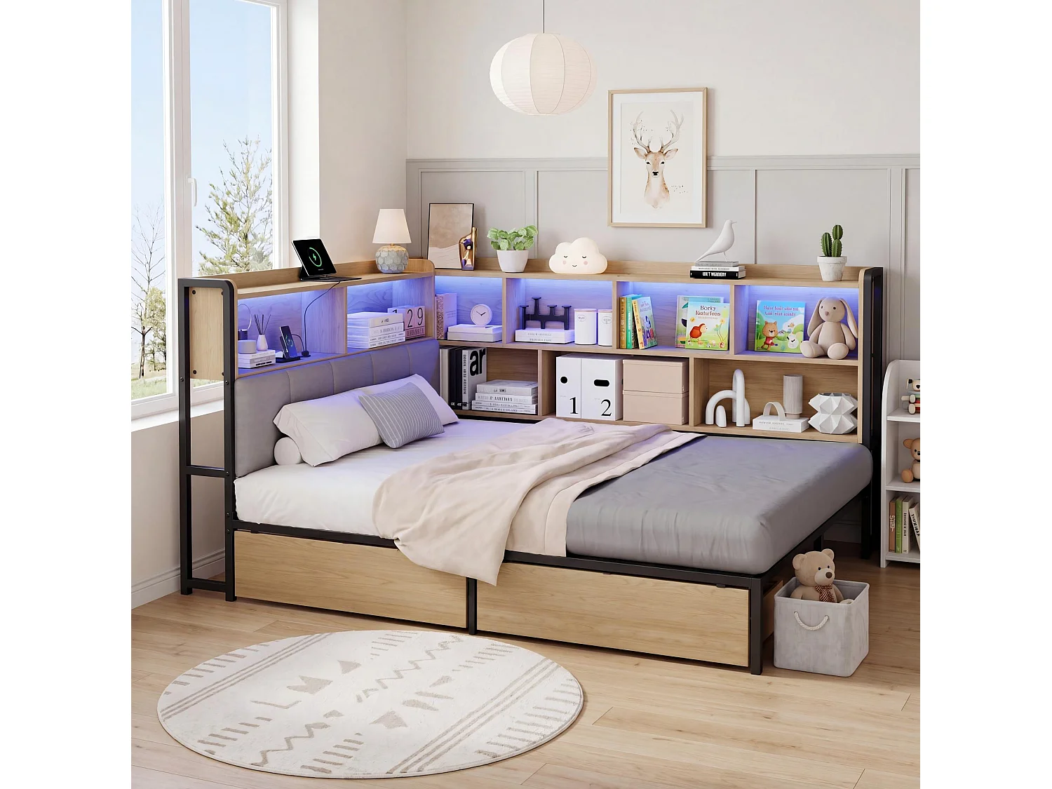 Lit banquette pour enfant - 140 x 200 - avec Leds + USB + 2 tiroirs + tête de lit de rangement - MDF + métal - naturel
